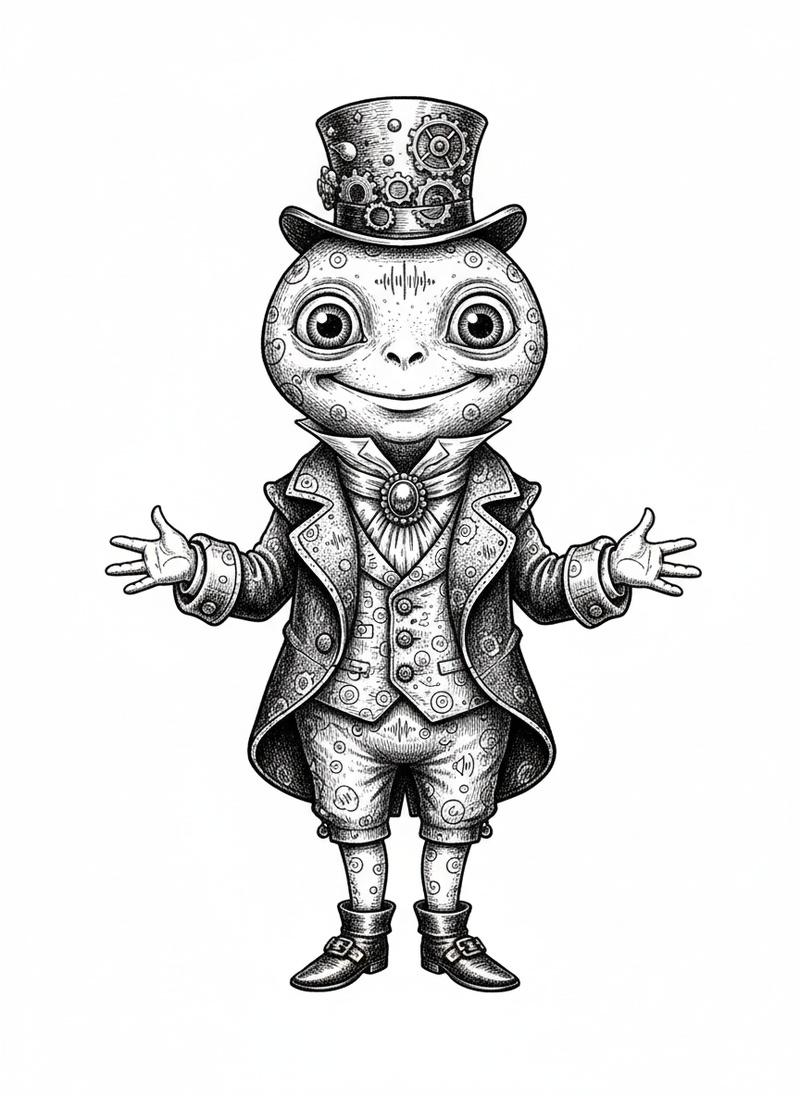 Blip the Small Alien in Victorian Illustration - Black & White Illustration