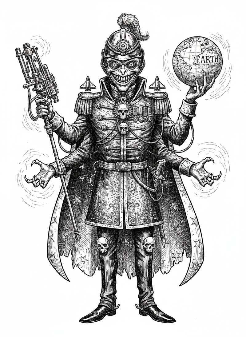 Invader the Villain Alien in Victorian Illustration - Black & White Illustration