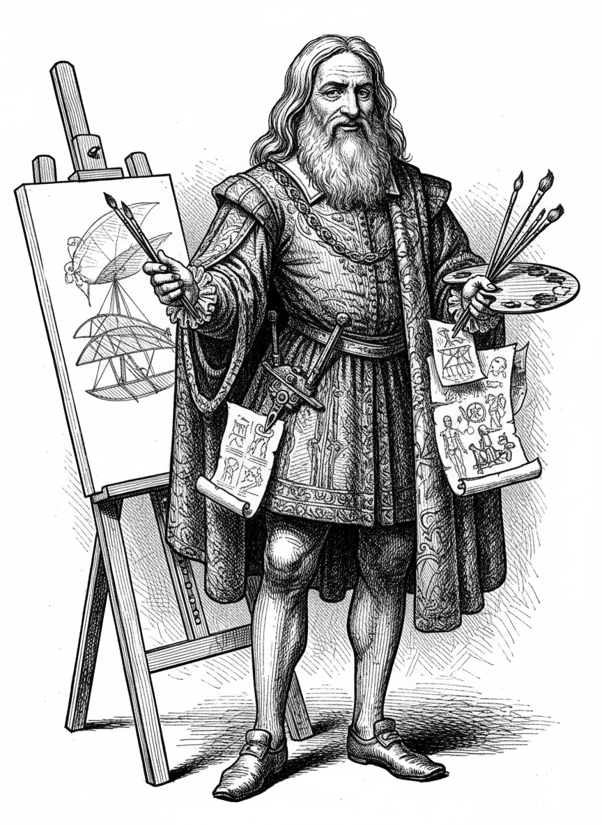 Leonardo the Renaissance Artist - Black & White Illustration