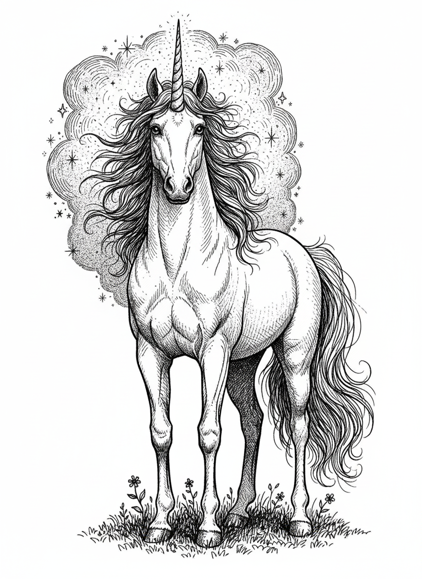 Thunder the Magical Horse - Black & White Illustration