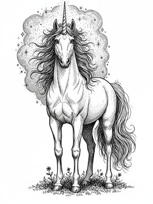Thunder the Magical Horse in Victorian Illustration - Black & White Illustration