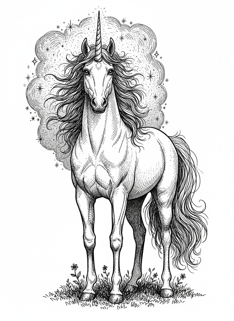Thunder the Magical Horse in Victorian Illustration - Black & White Illustration