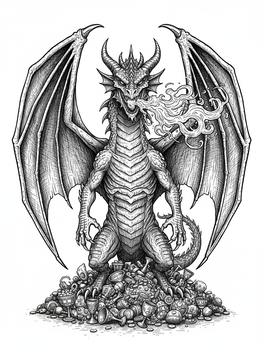 Ember the Fierce Dragon - Black & White Illustration