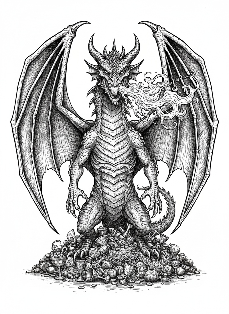 Ember the Fierce Dragon in Victorian Illustration - Black & White Illustration