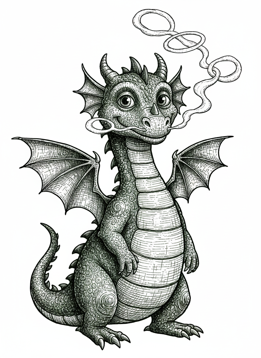 Puff the Friendly Dragon - Black & White Illustration