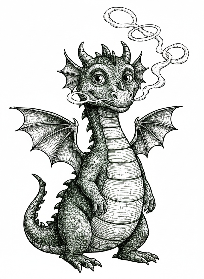 Puff the Friendly Dragon in Victorian Illustration - Black & White Illustration