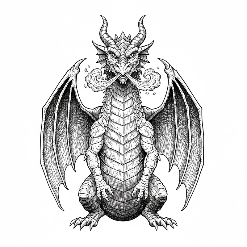 Frostbite the Ice Dragon in Victorian Illustration - Black & White Illustration