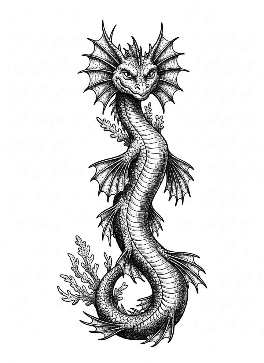 Splash the Water Dragon - Black & White Illustration