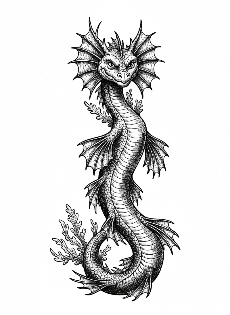 Splash the Water Dragon in Victorian Illustration - Black & White Illustration