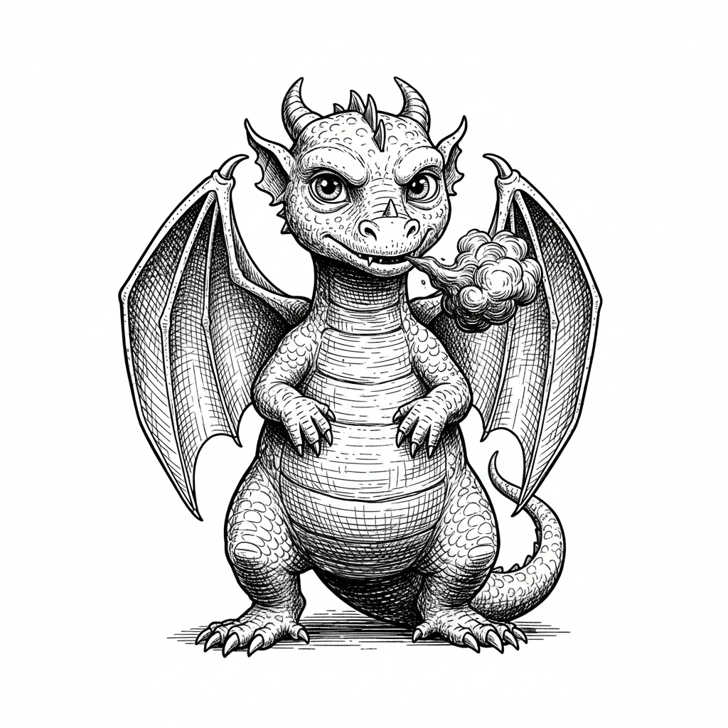 Baby Spark the Dragon Hatchling - Black & White Illustration