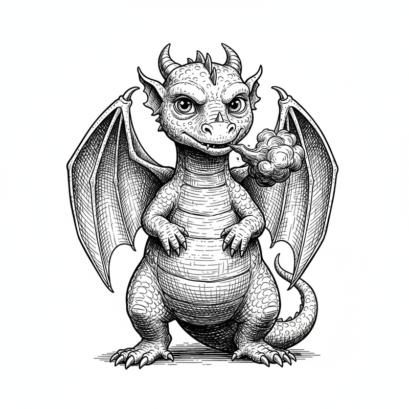 Baby Spark the Dragon Hatchling in Victorian Illustration - Black & White Illustration