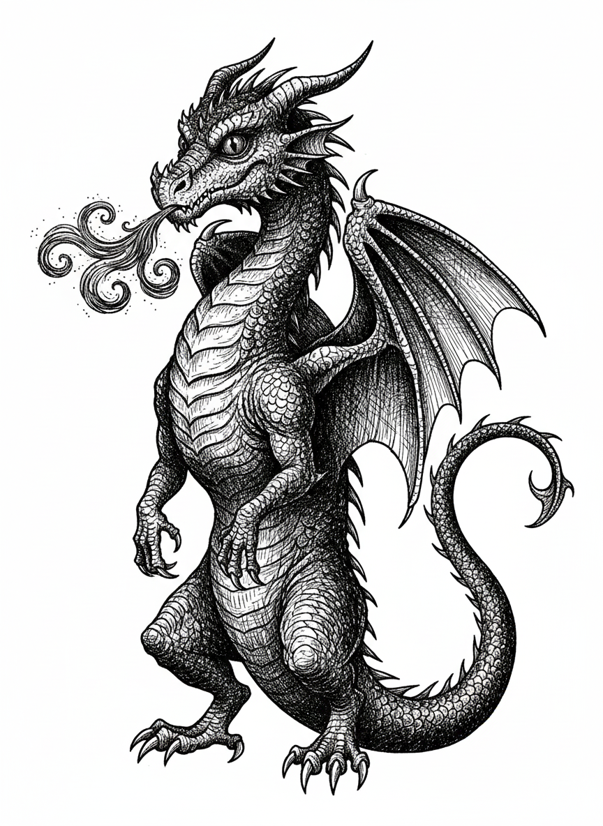 Shadow the Night Dragon - Black & White Illustration