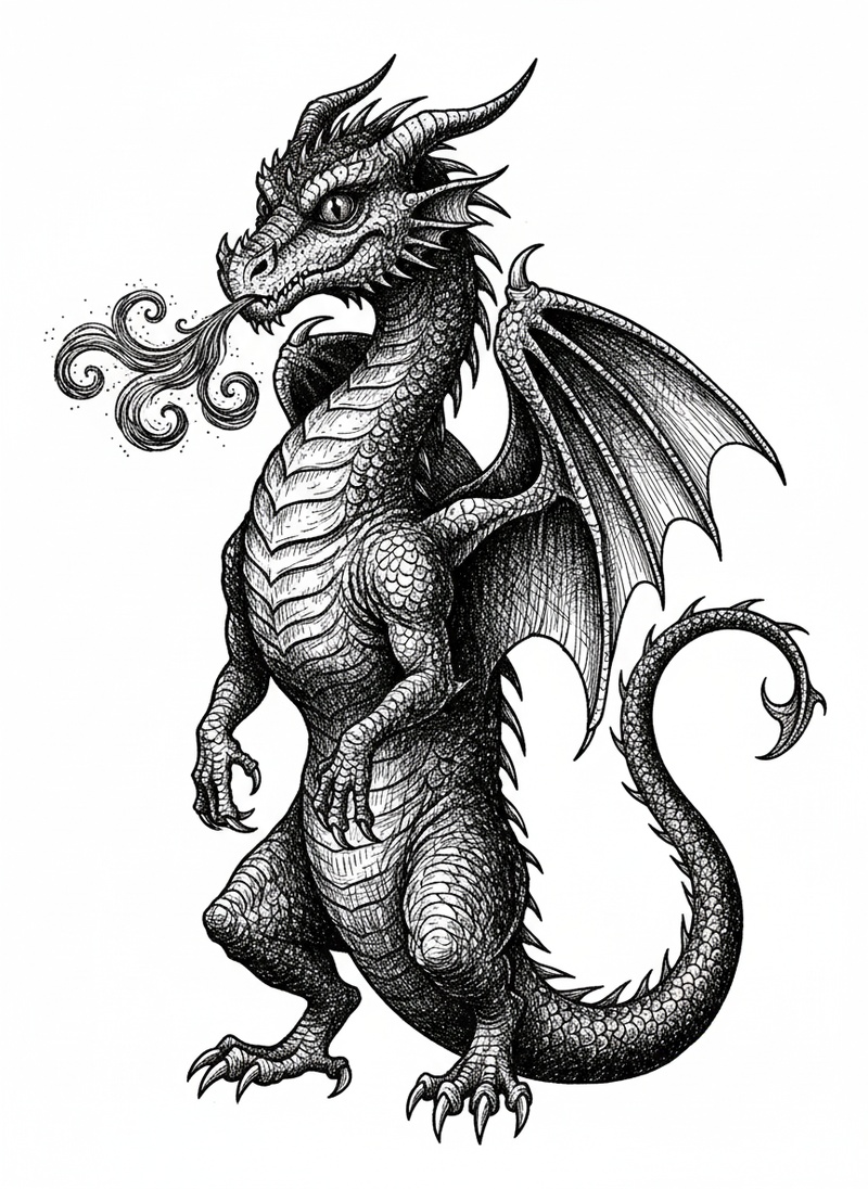 Shadow the Night Dragon in Victorian Illustration - Black & White Illustration