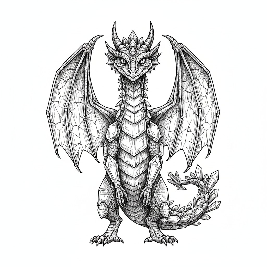 Gemstone the Crystal Dragon - Black & White Illustration