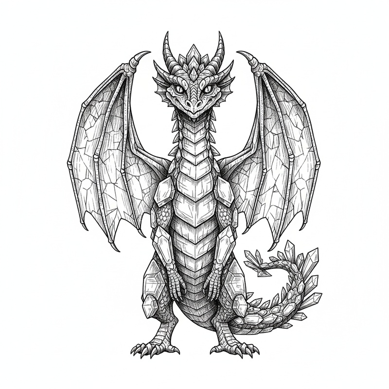 Gemstone the Crystal Dragon in Victorian Illustration - Black & White Illustration