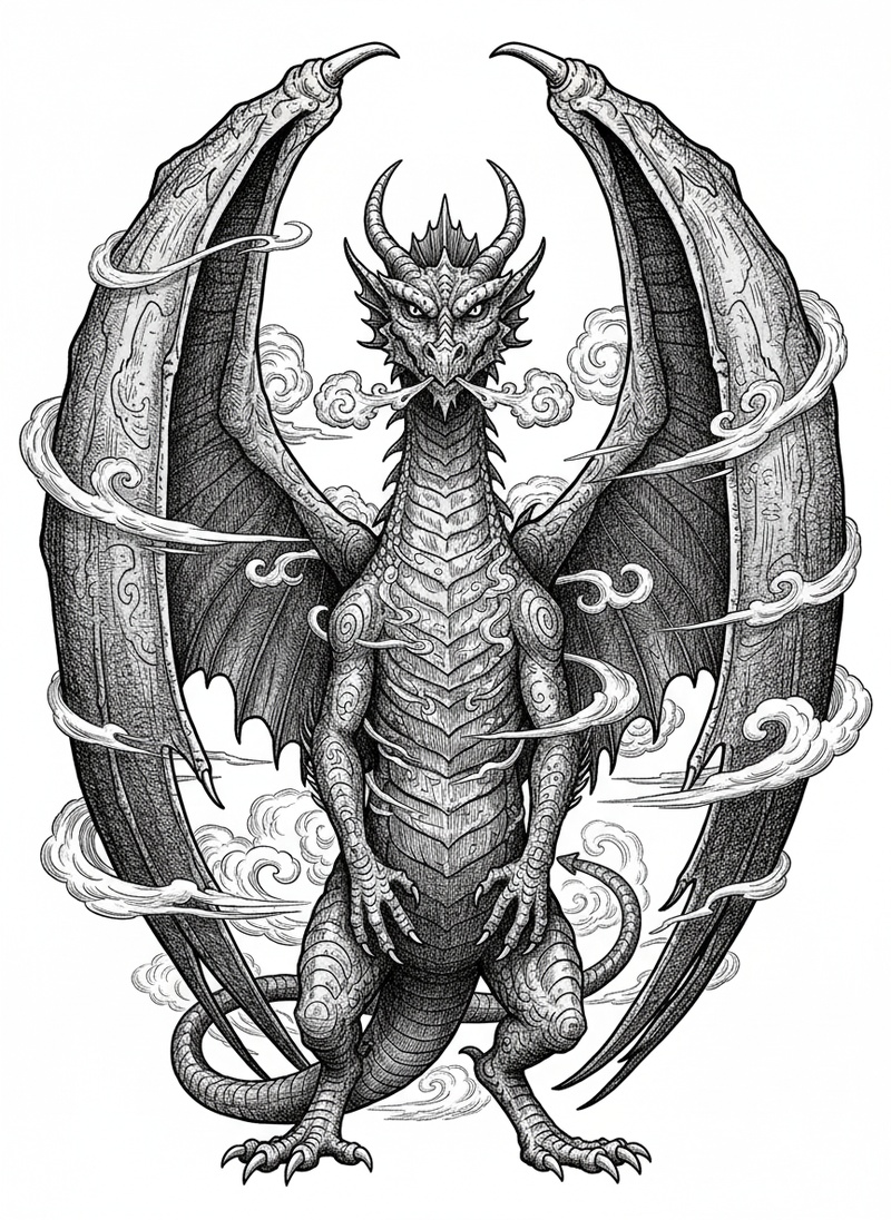 Zephyr the Wind Dragon in Victorian Illustration - Black & White Illustration