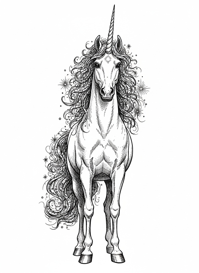 Stardust the Unicorn in Victorian Illustration - Black & White Illustration