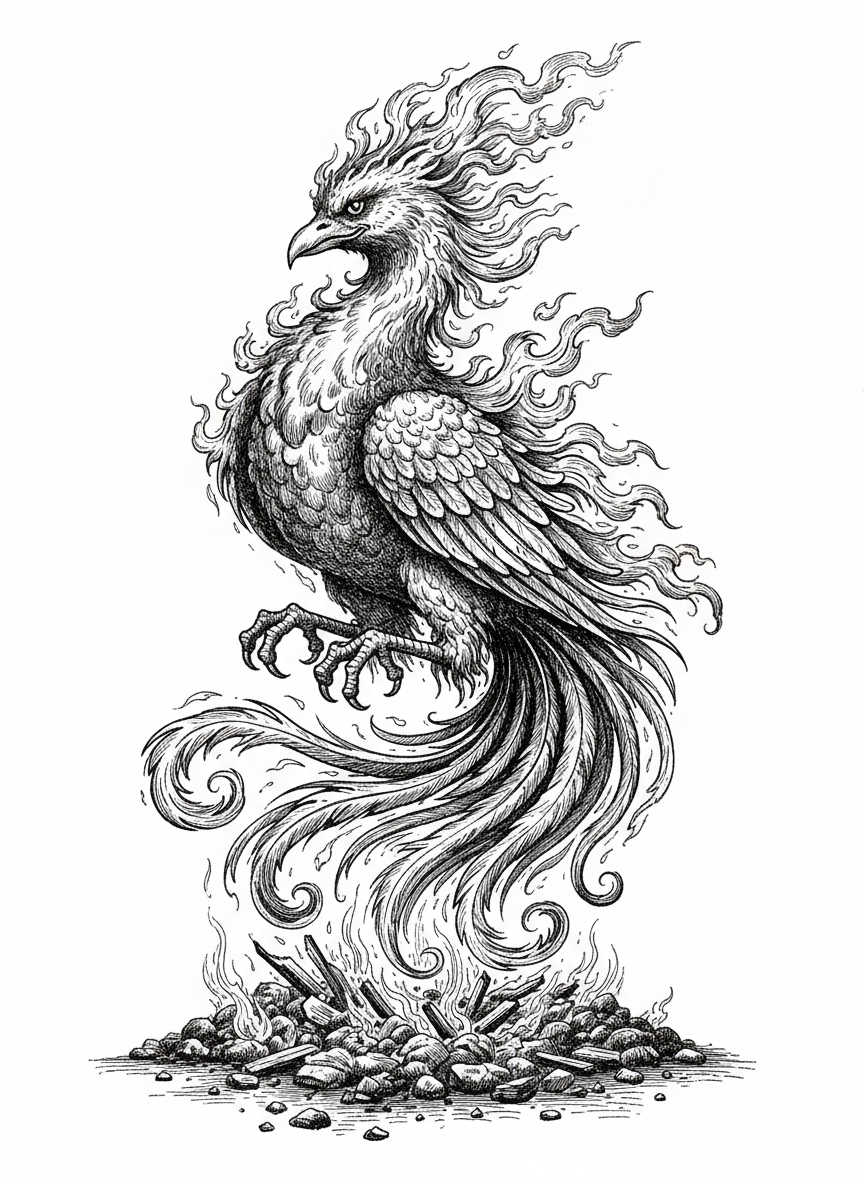 Blaze the Phoenix - Black & White Illustration