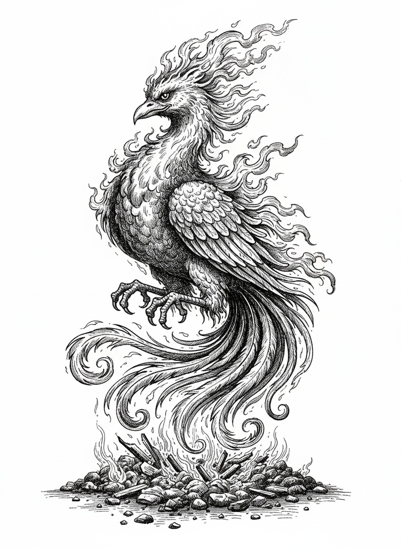 Blaze the Phoenix in Victorian Illustration - Black & White Illustration