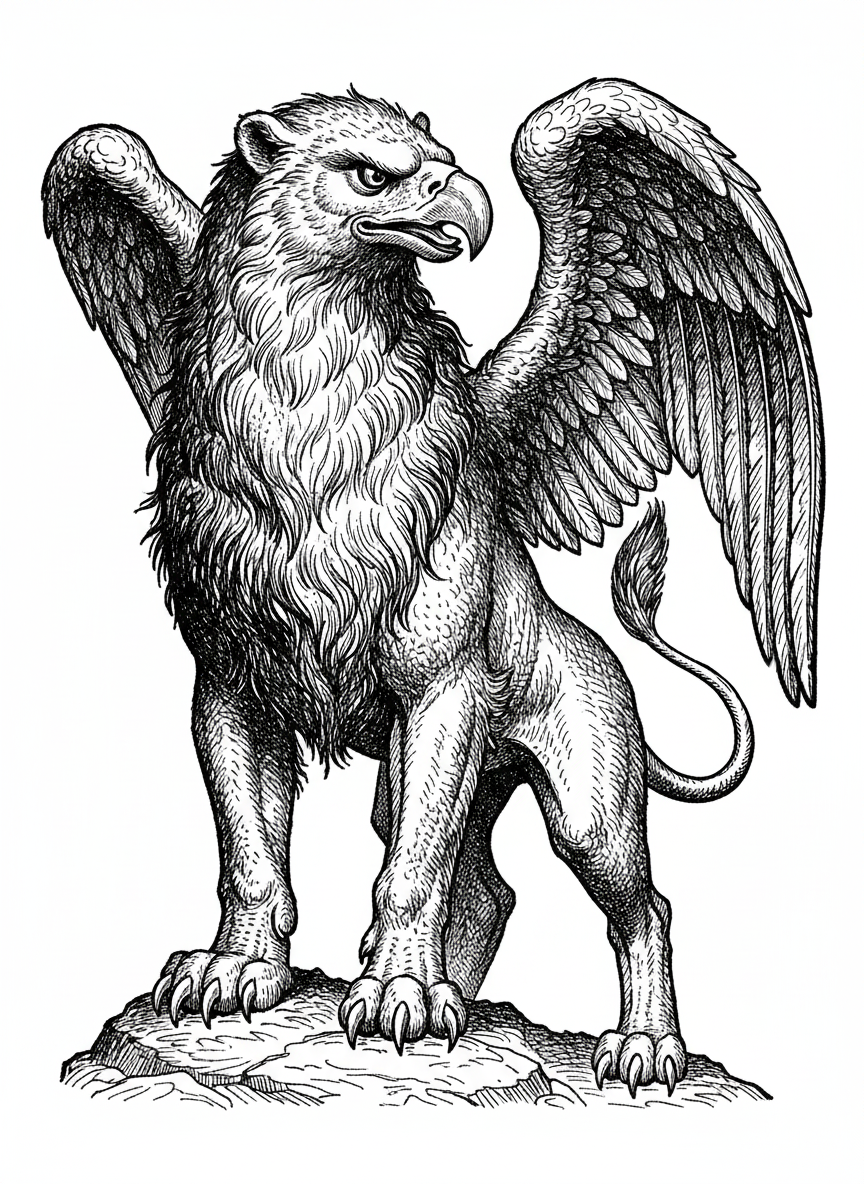 Griffin the Guardian - Black & White Illustration