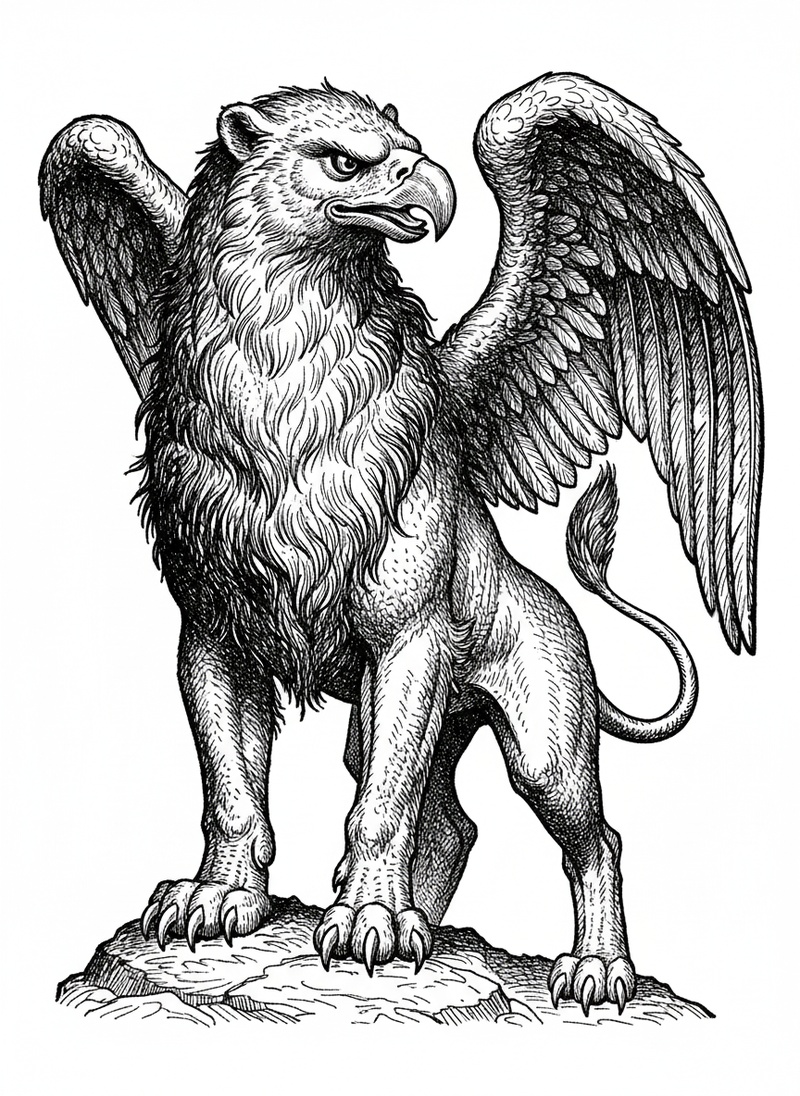 Griffin the Guardian in Victorian Illustration - Black & White Illustration