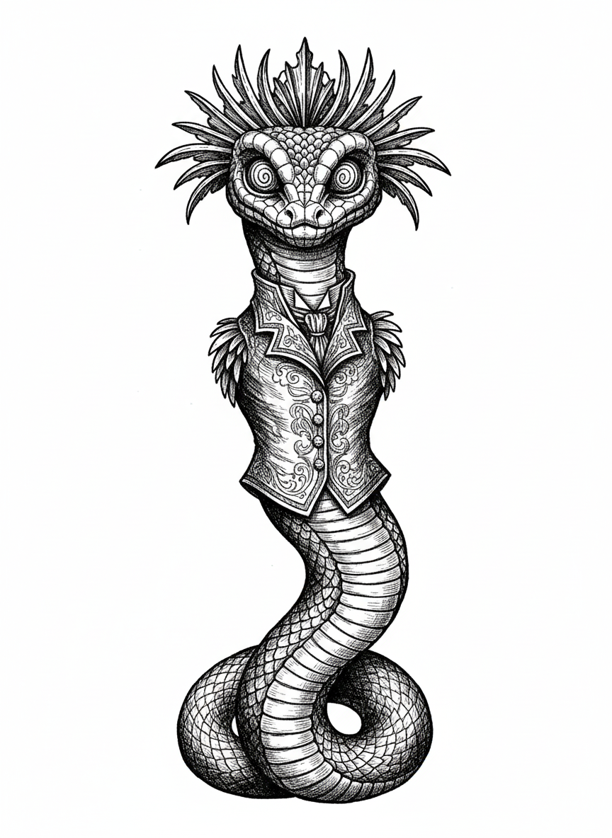 Scales the Basilisk - Black & White Illustration