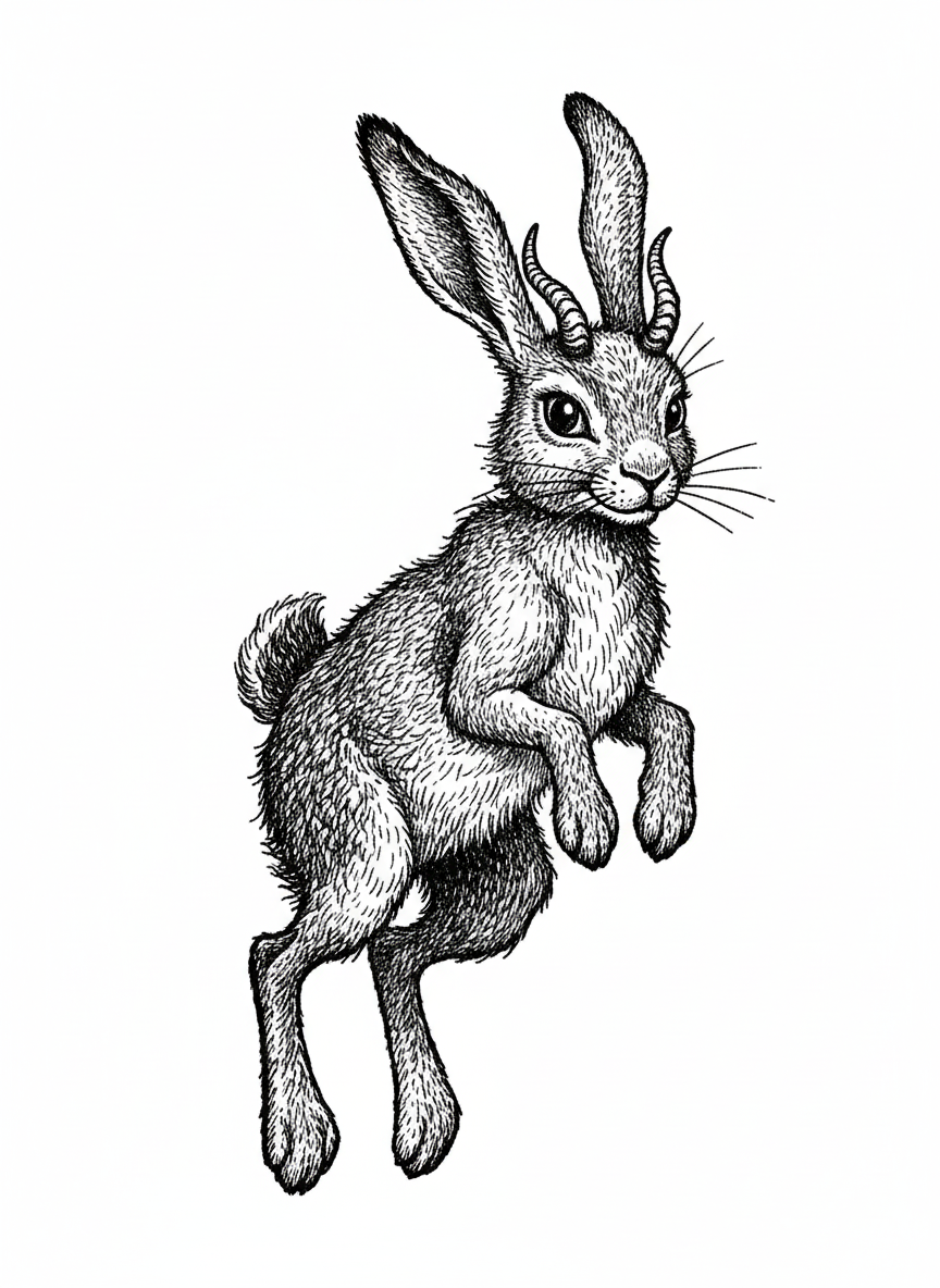 Hopper the Jackalope - Black & White Illustration
