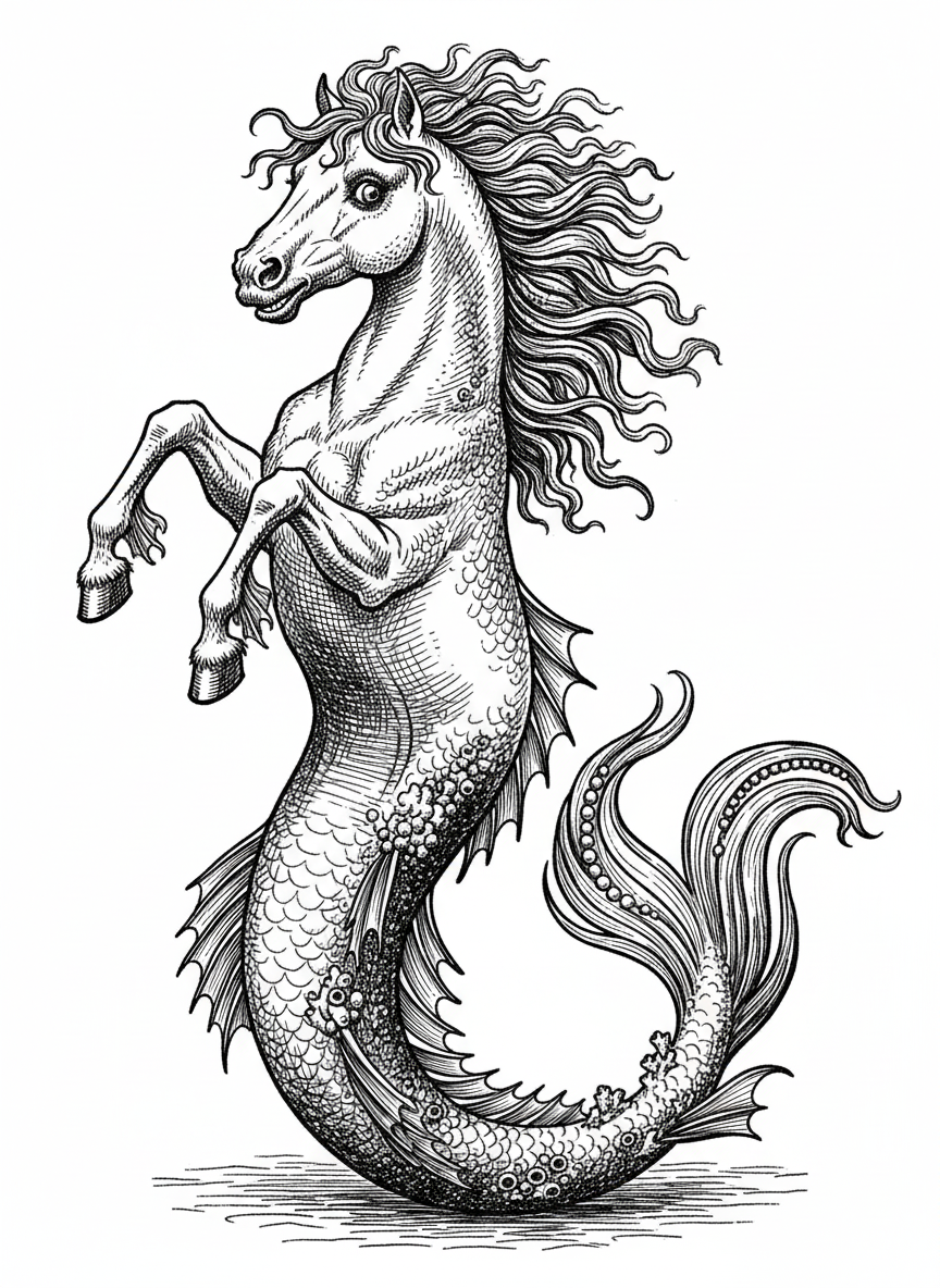 Bubbles the Hippocampus - Black & White Illustration