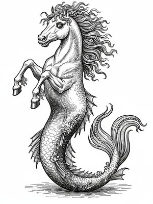 Bubbles the Hippocampus in Victorian Illustration - Black & White Illustration