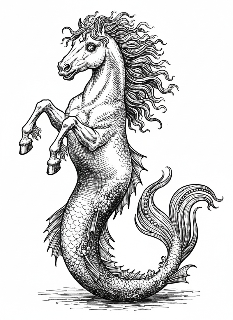 Bubbles the Hippocampus in Victorian Illustration - Black & White Illustration