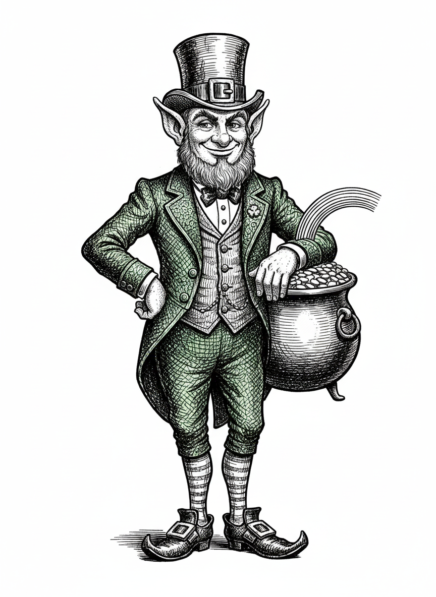 Lucky the Leprechaun - Black & White Illustration