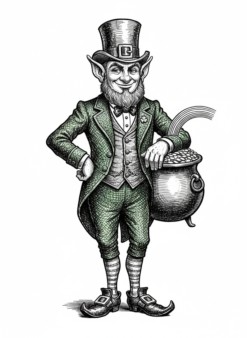 Lucky the Leprechaun in Victorian Illustration - Black & White Illustration