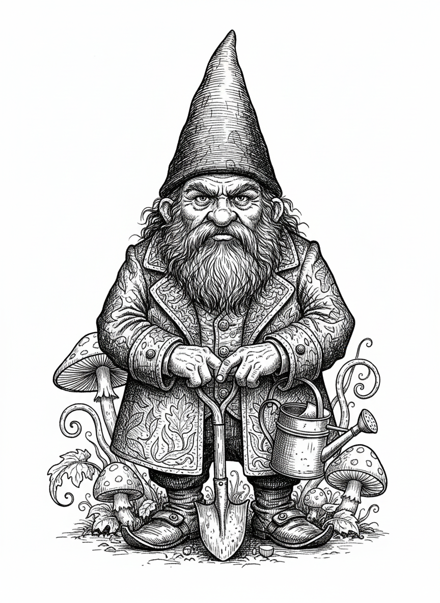 Bramble the Garden Gnome - Black & White Illustration