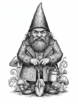 Bramble the Garden Gnome in Victorian Illustration - Black & White Illustration