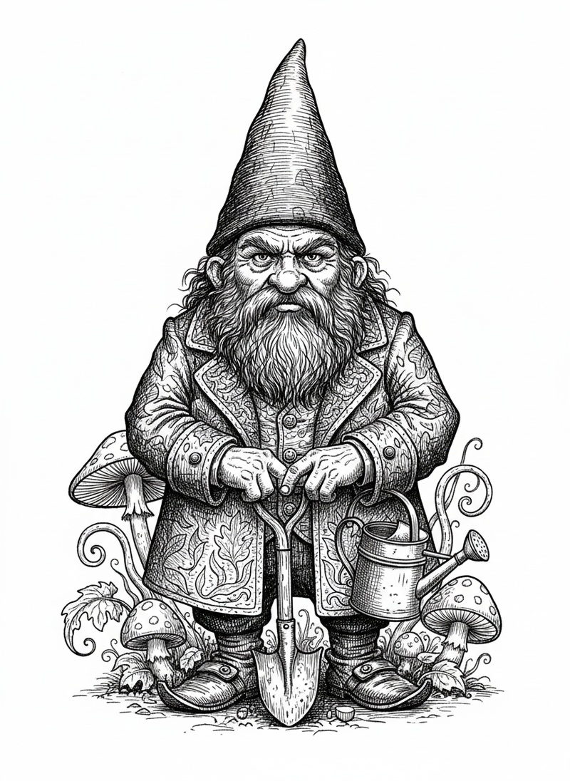 Bramble the Garden Gnome in Victorian Illustration - Black & White Illustration