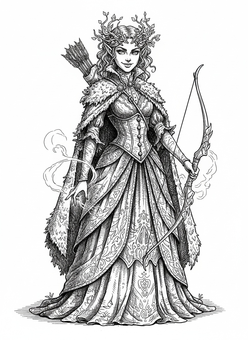 Willow the Wood Elf in Victorian Illustration - Black & White Illustration