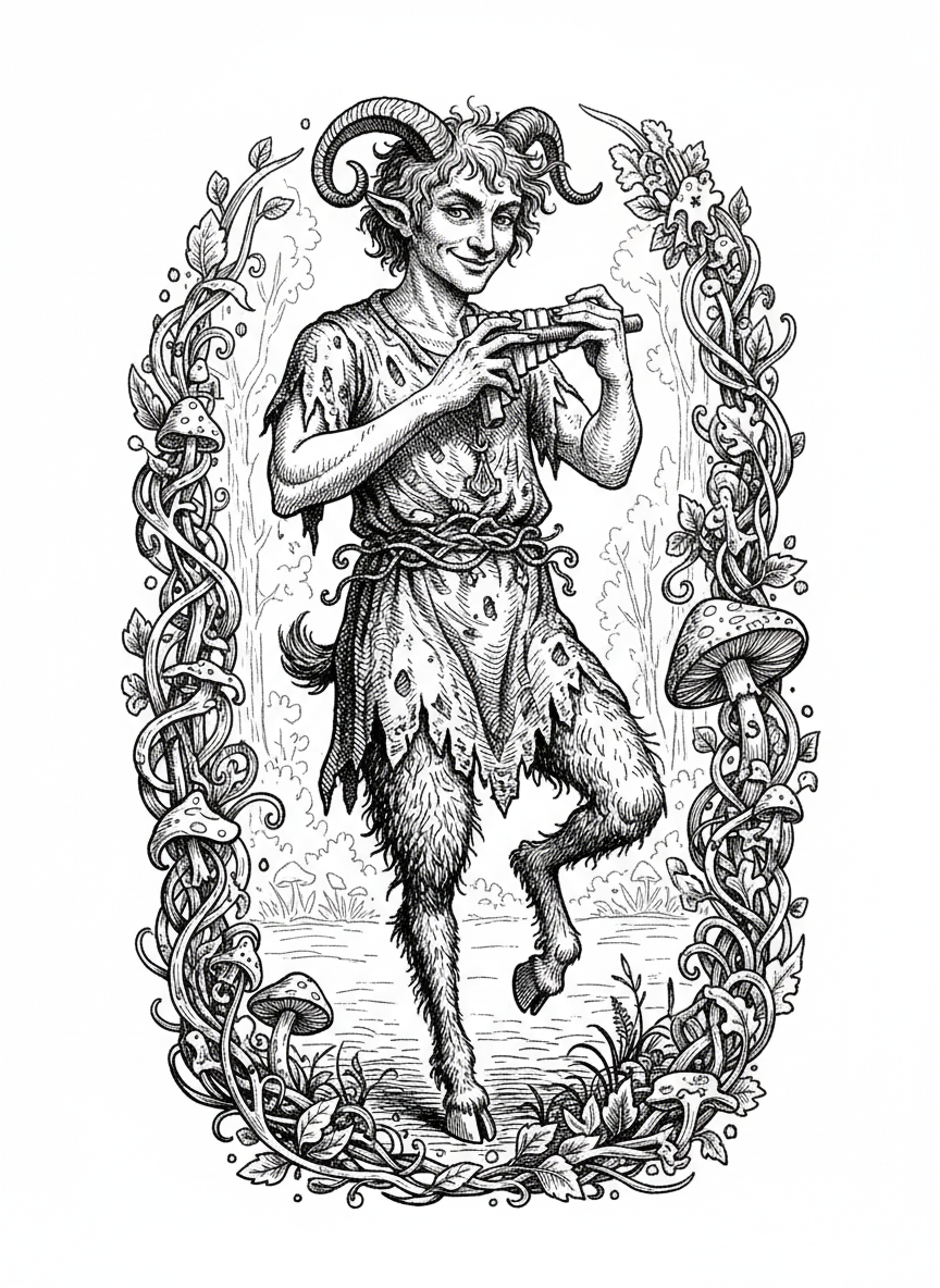 Pan the Playful Satyr - Black & White Illustration