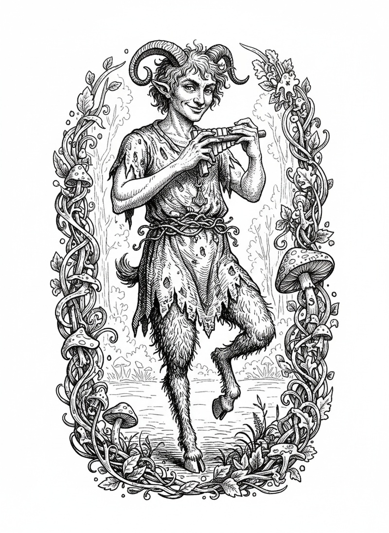 Pan the Playful Satyr in Victorian Illustration - Black & White Illustration
