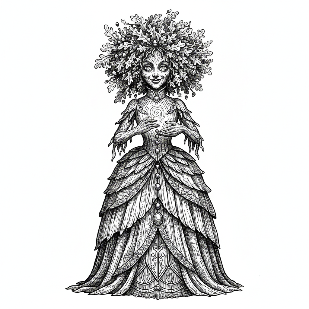 Oak the Tree Dryad - Black & White Illustration