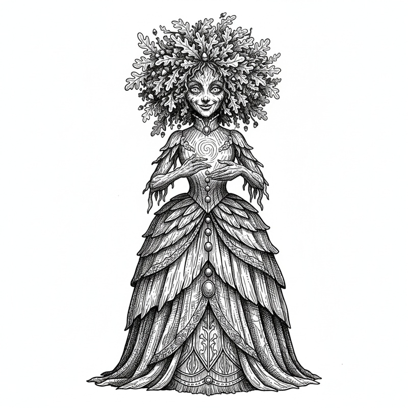 Oak the Tree Dryad in Victorian Illustration - Black & White Illustration