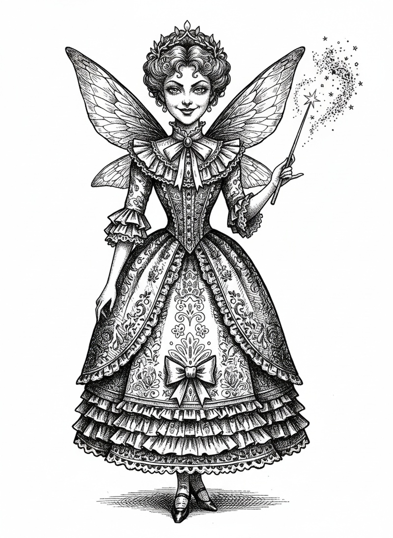 Sparkle the Fairy in Victorian Illustration - Black & White Illustration