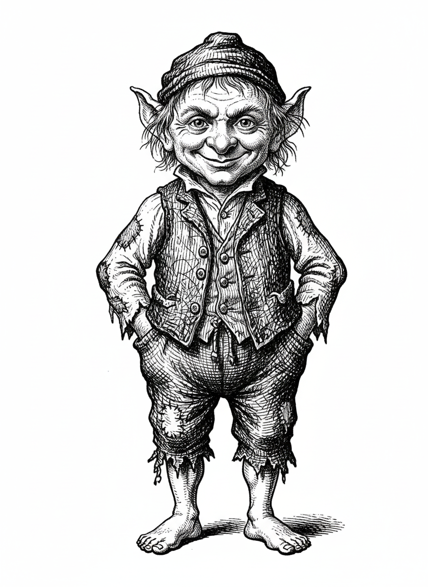 Cobweb the Brownie - Black & White Illustration