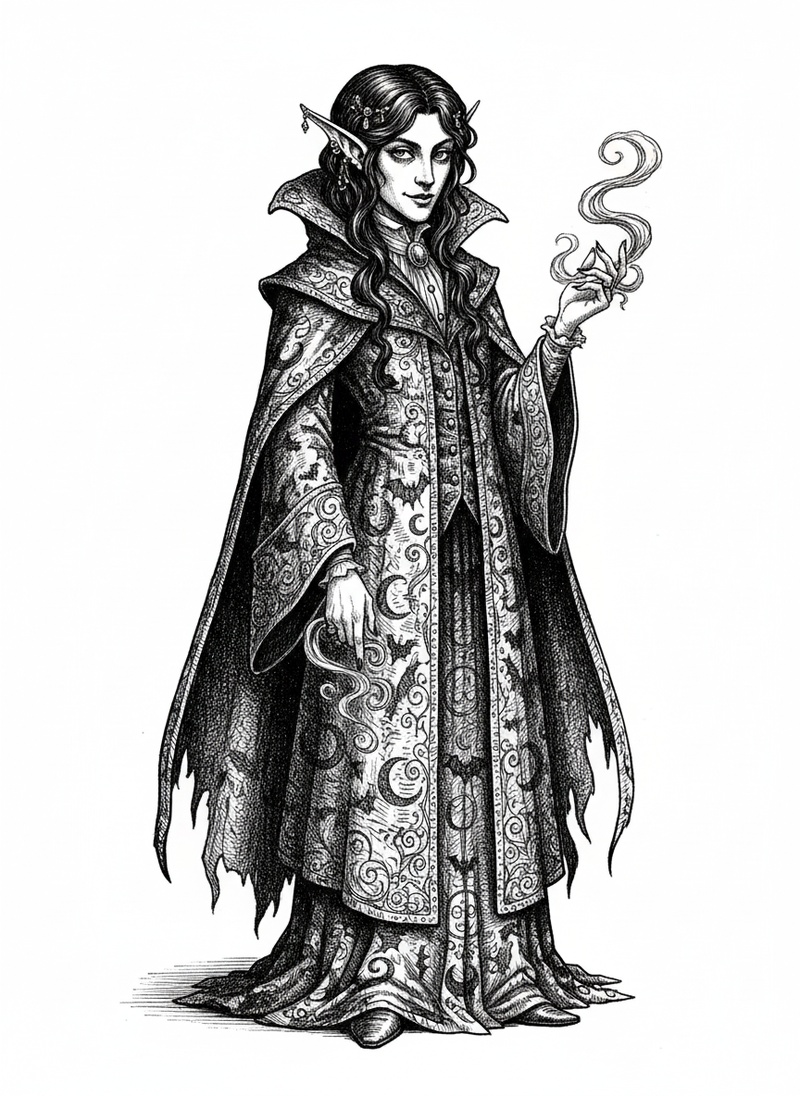 Thorn the Dark Elf in Victorian Illustration - Black & White Illustration