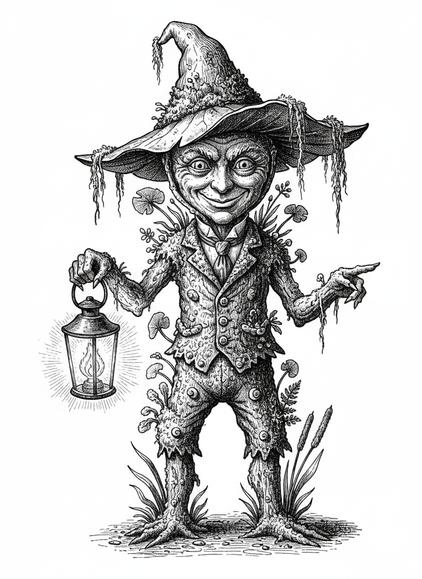 Mossy the Swamp Sprite - Black & White Illustration