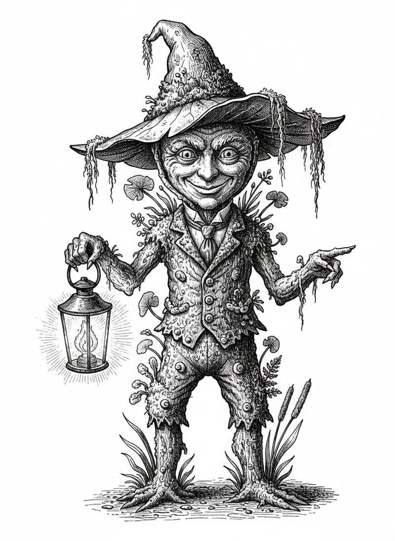 Mossy the Swamp Sprite in Victorian Illustration - Black & White Illustration