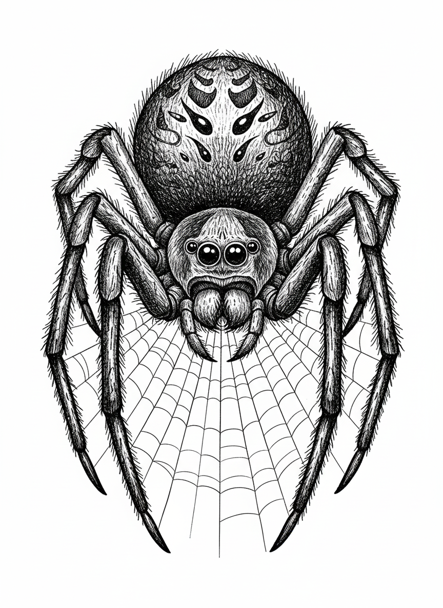 Creepy the Scary Spider - Black & White Illustration