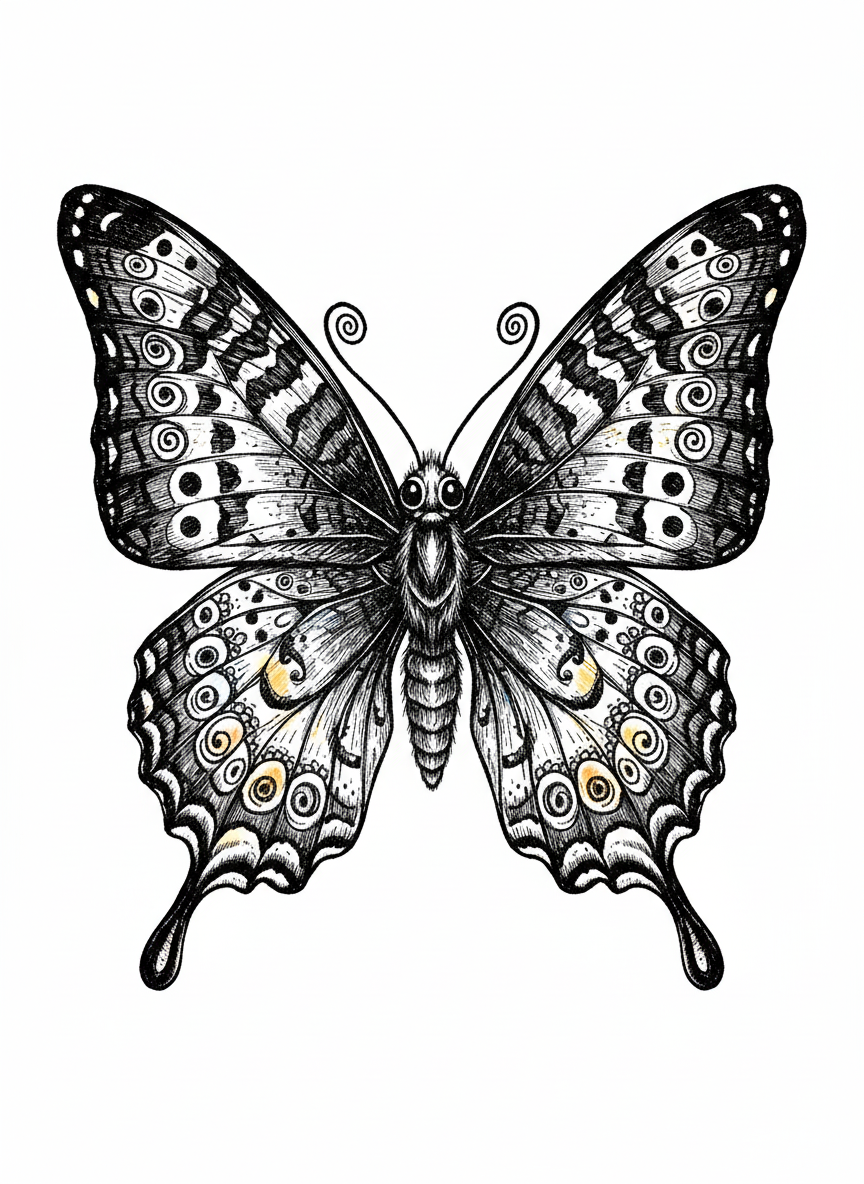 Flutter the Butterfly - Black & White Illustration