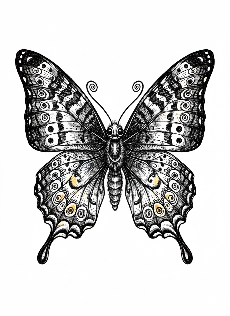 Flutter the Butterfly in Victorian Illustration - Black & White Illustration