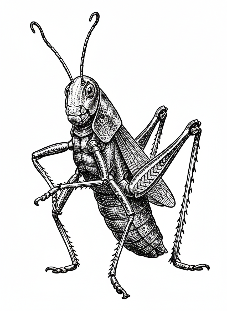 Hop the Grasshopper - Black & White Illustration