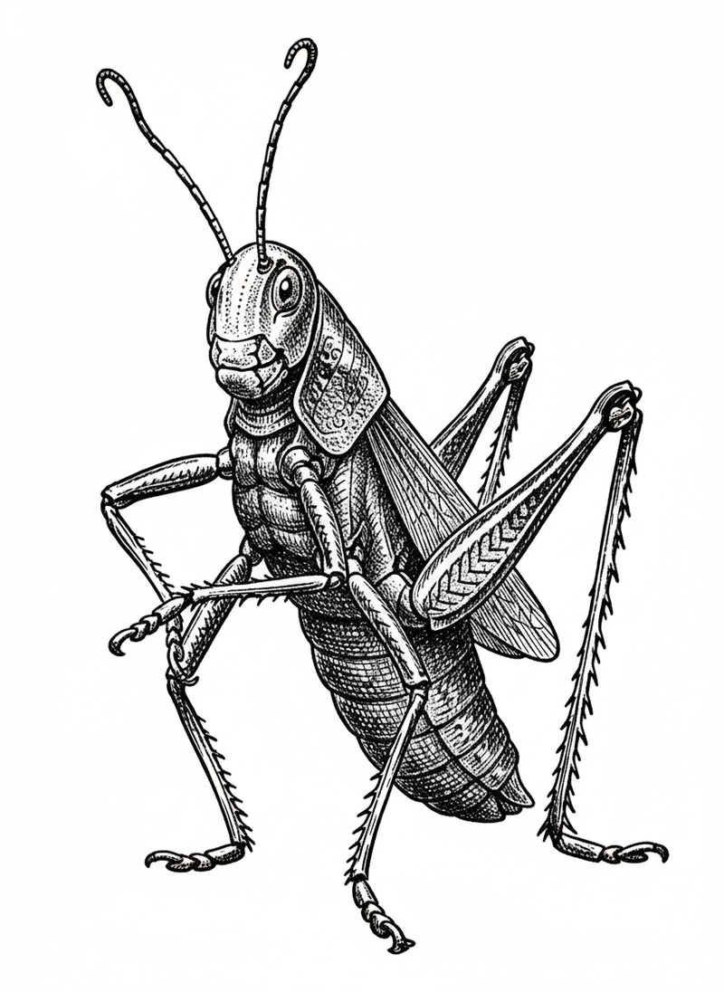 Hop the Grasshopper in Victorian Illustration - Black & White Illustration